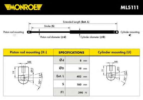 MONROE AUDI амортизатор кришки багажника 100 91-94, A6 95-97