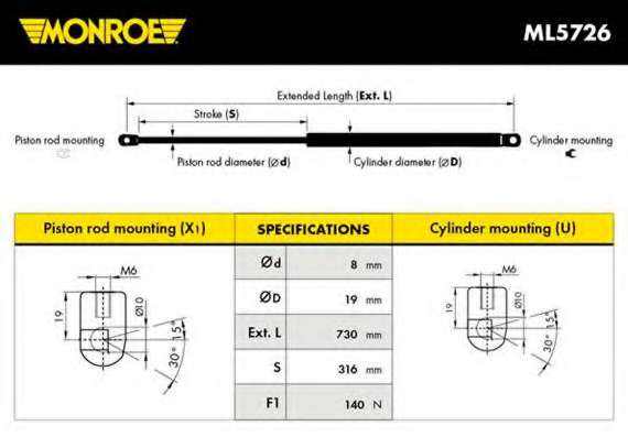 MONROE VOLVO газовий амортизатор капота C30,S40,V50